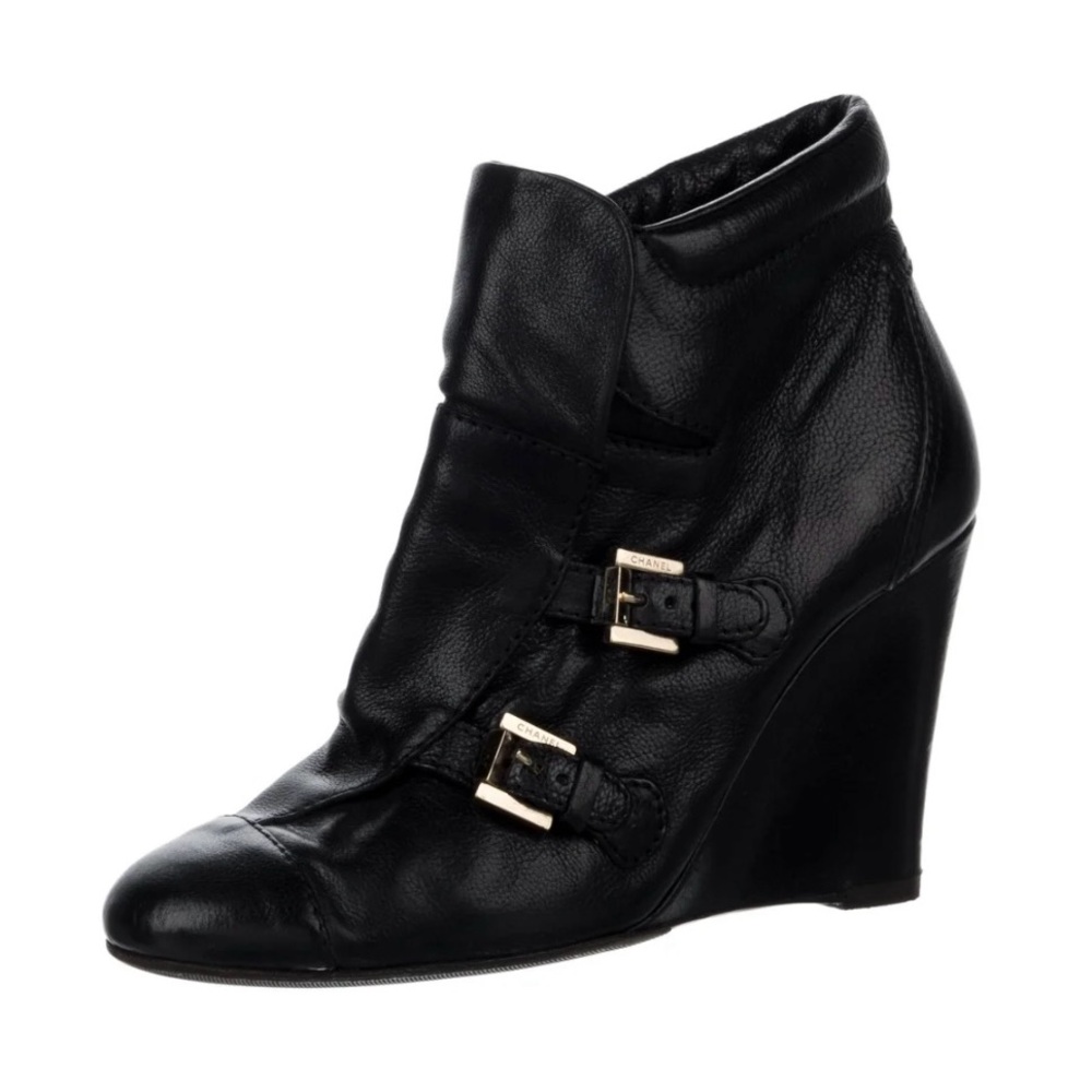 Chanel Leather Wedge Booties with Side Buckles  - 4” heel 🖤 Size 37.5